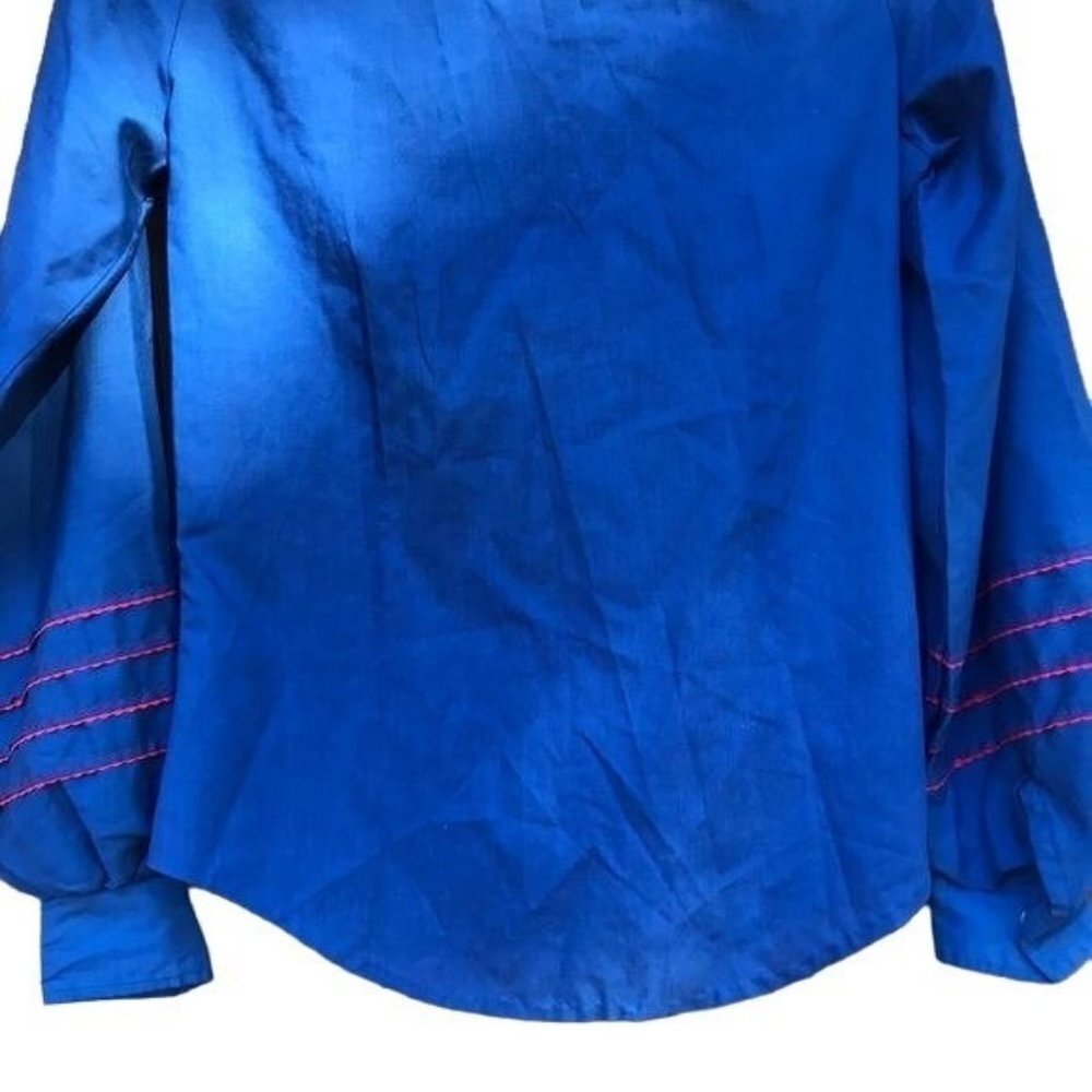 Vintage Karman Western Wear Lantern Sleeve Blue Red Embroidery Button Down Shirt - Picture 7 of 8